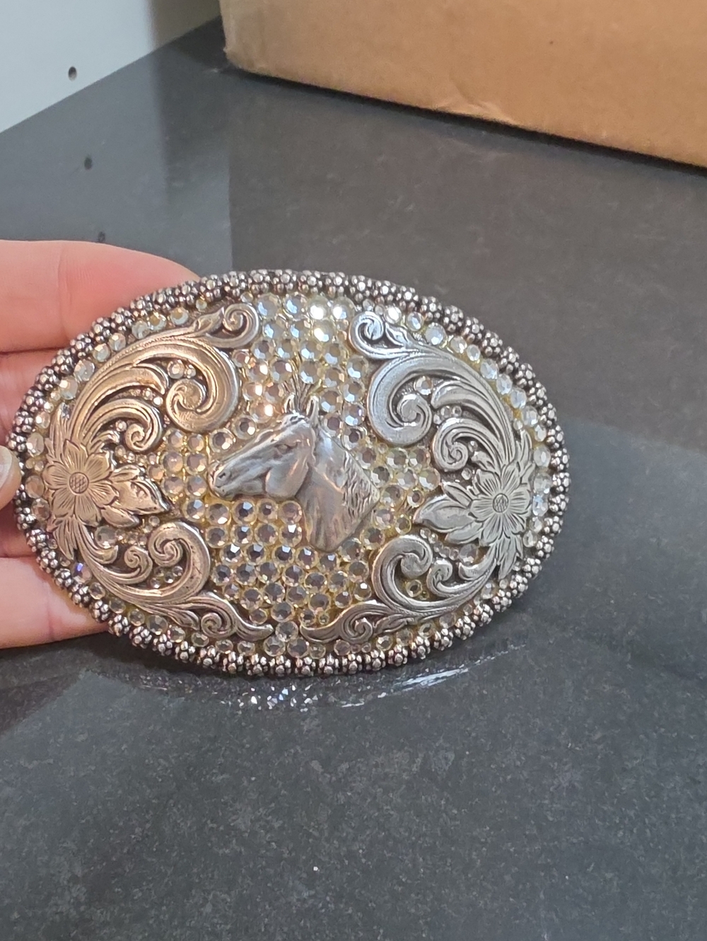 Silver Horse Head Western Belt Buckle with Crystal Accent